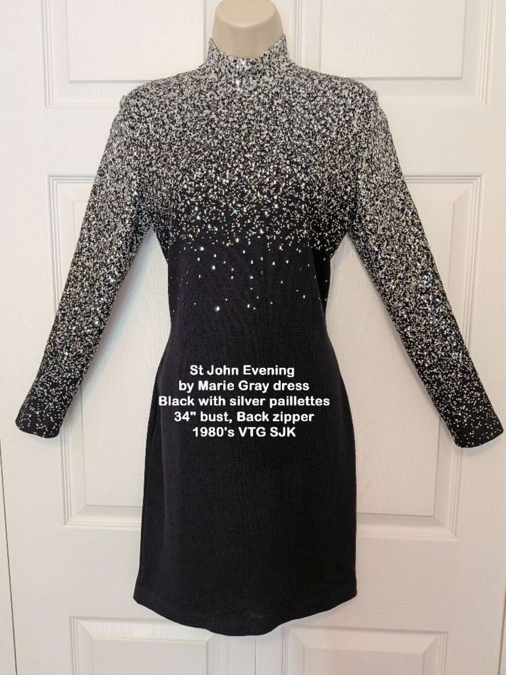 St John Evening by Marie Gray dress, Black w/ silver paillettes, 34" bust, VTG